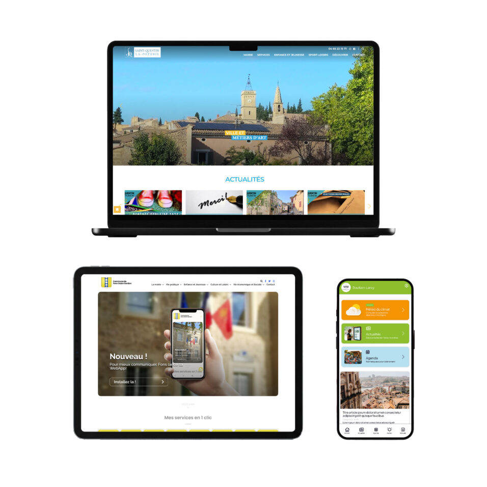 WebApp Place du Village responsive affichée sur MacBook — site web mairie tout-en-un